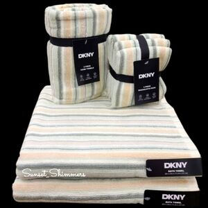 DKNY 8pc 2 Bath 2 Hand 4 Washcloth Tan Mint White Stripe Striped Towel Set NEW